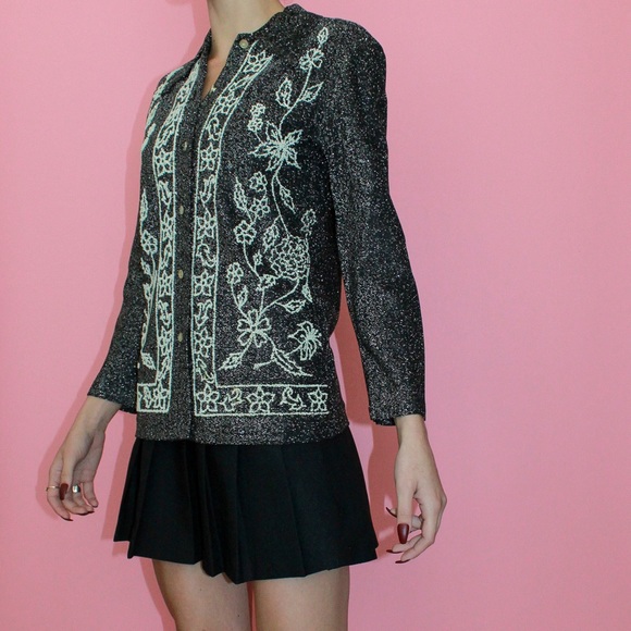 VTG 70s Black/Cream Glittery Metallic Floral Beaded Button-Up Disco Shirt - Picture 2 of 14